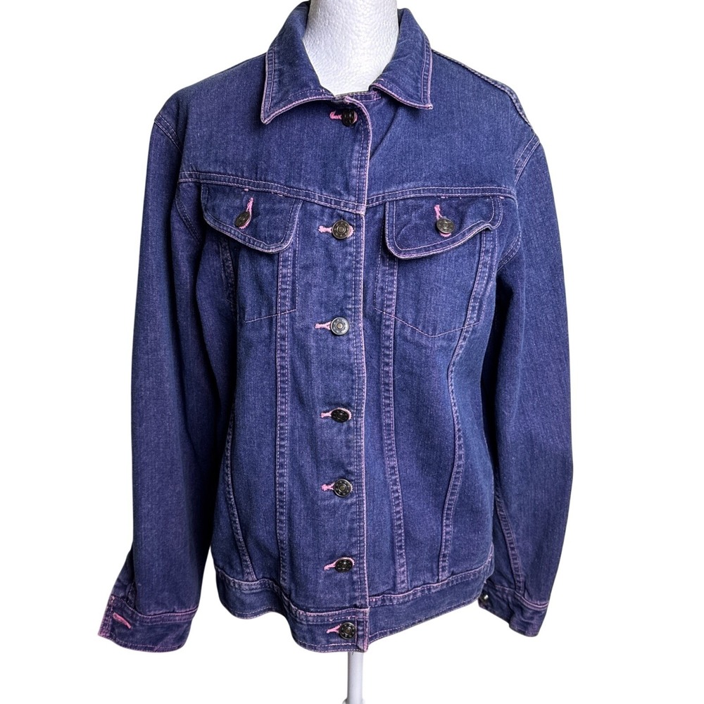 Vintage Guilio Nardi Denim Trucker Jacket Size L Indigo Pink Stitching‎